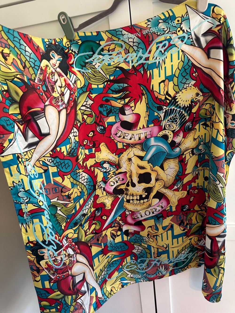 ED HARDY BY CHRISTIAN AUDIGIER SILK “Death or Glory” graphic scarf